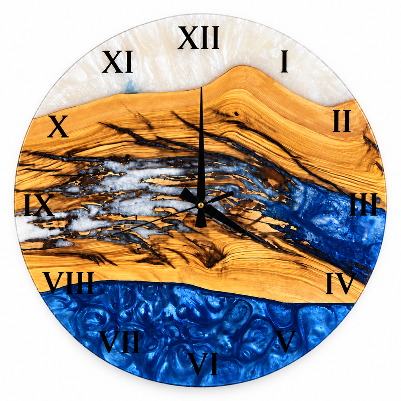 Roman Blue Drift Olive Wood & Resin Wall Clock — full front view on white