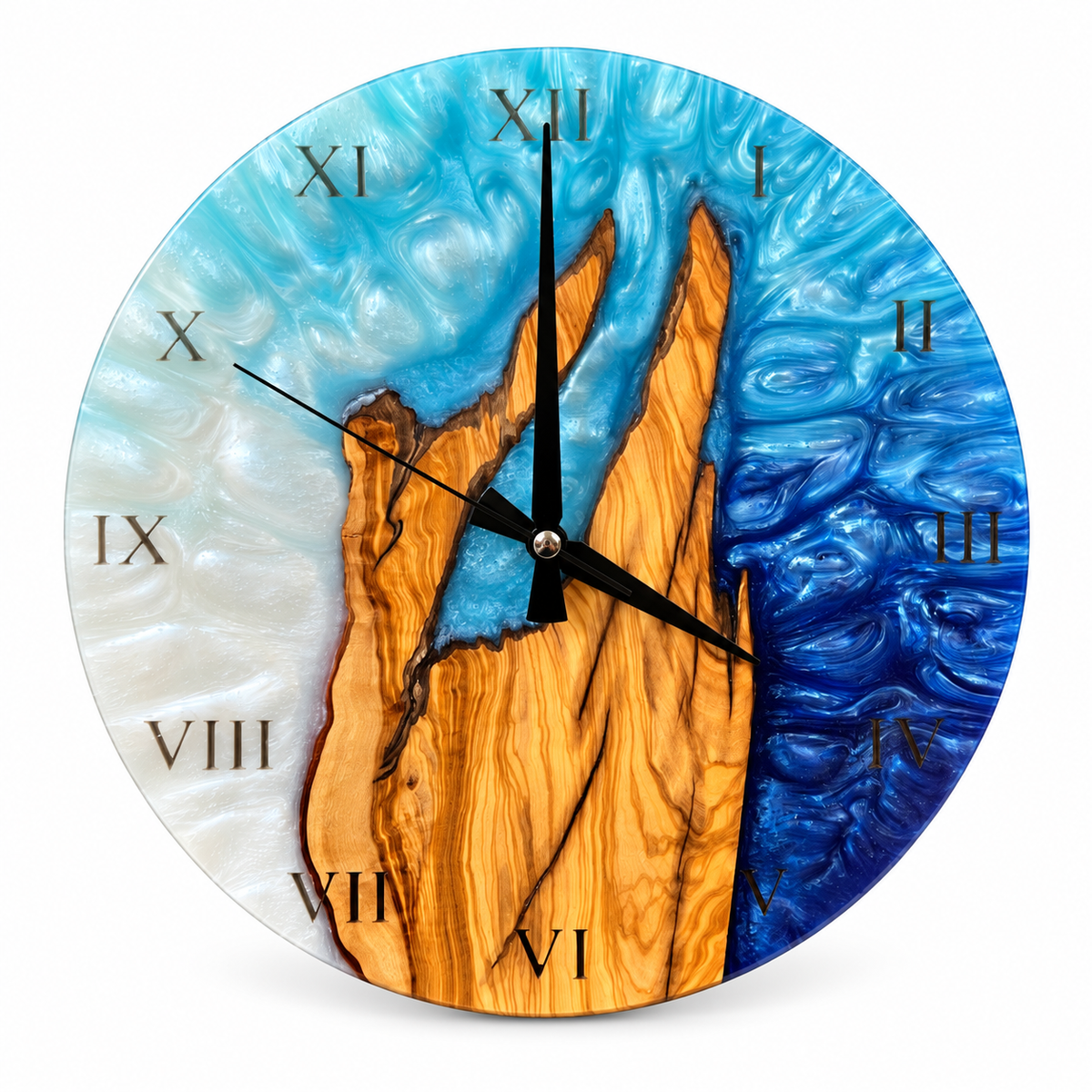 Roman Blue Flame Olive Wood & Resin Wall Clock in blue and white on a white background