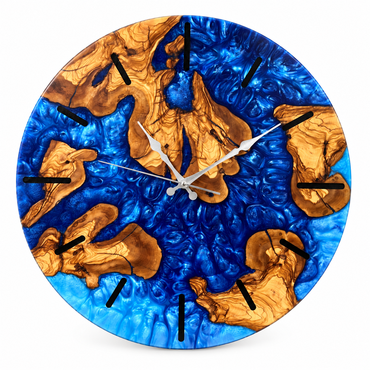 Sapphire Archipelago Olive Wood & Resin Wall Clock in sapphire blue on a white background