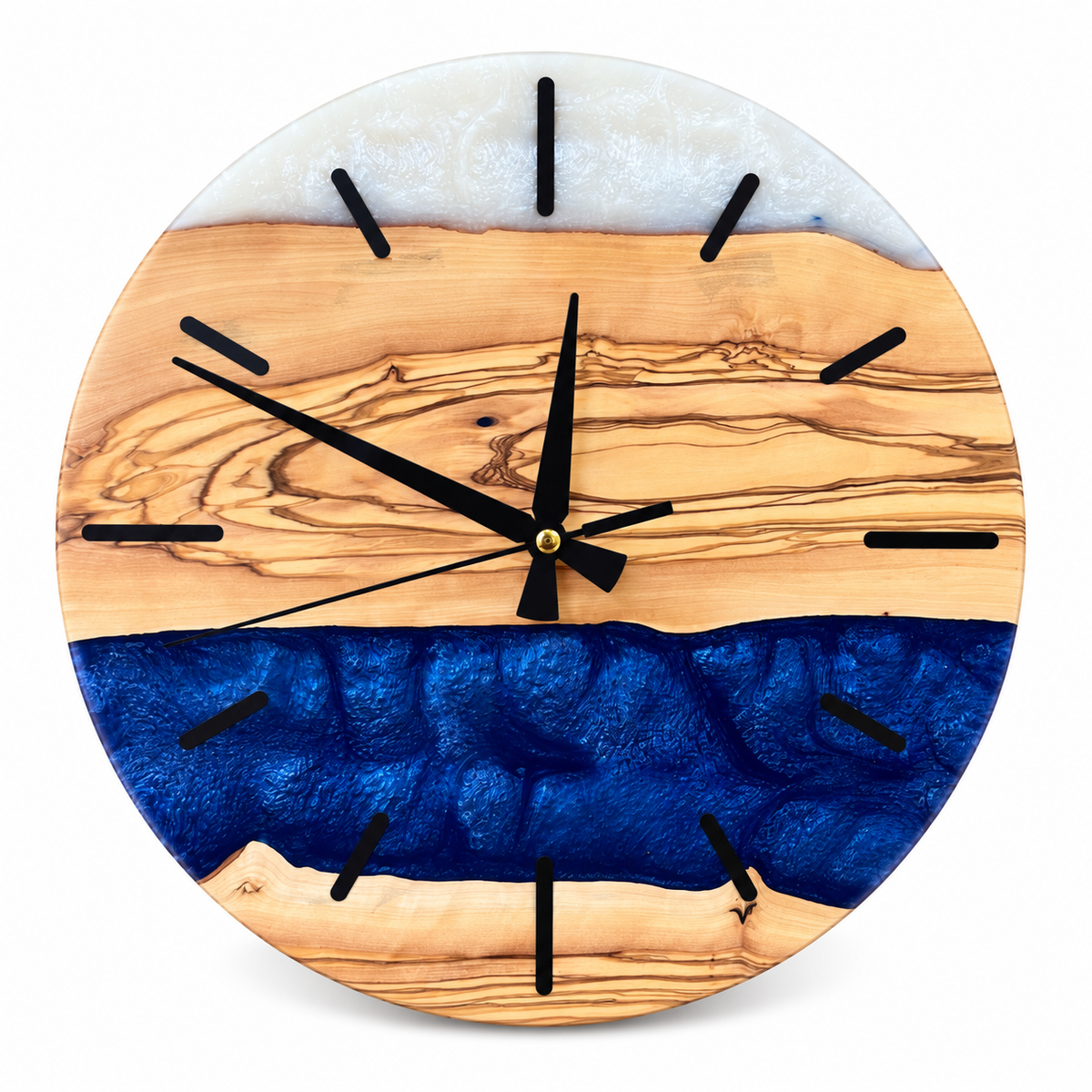 Sapphire Bands Olive Wood & Resin Wall Clock in blue and white on a white background