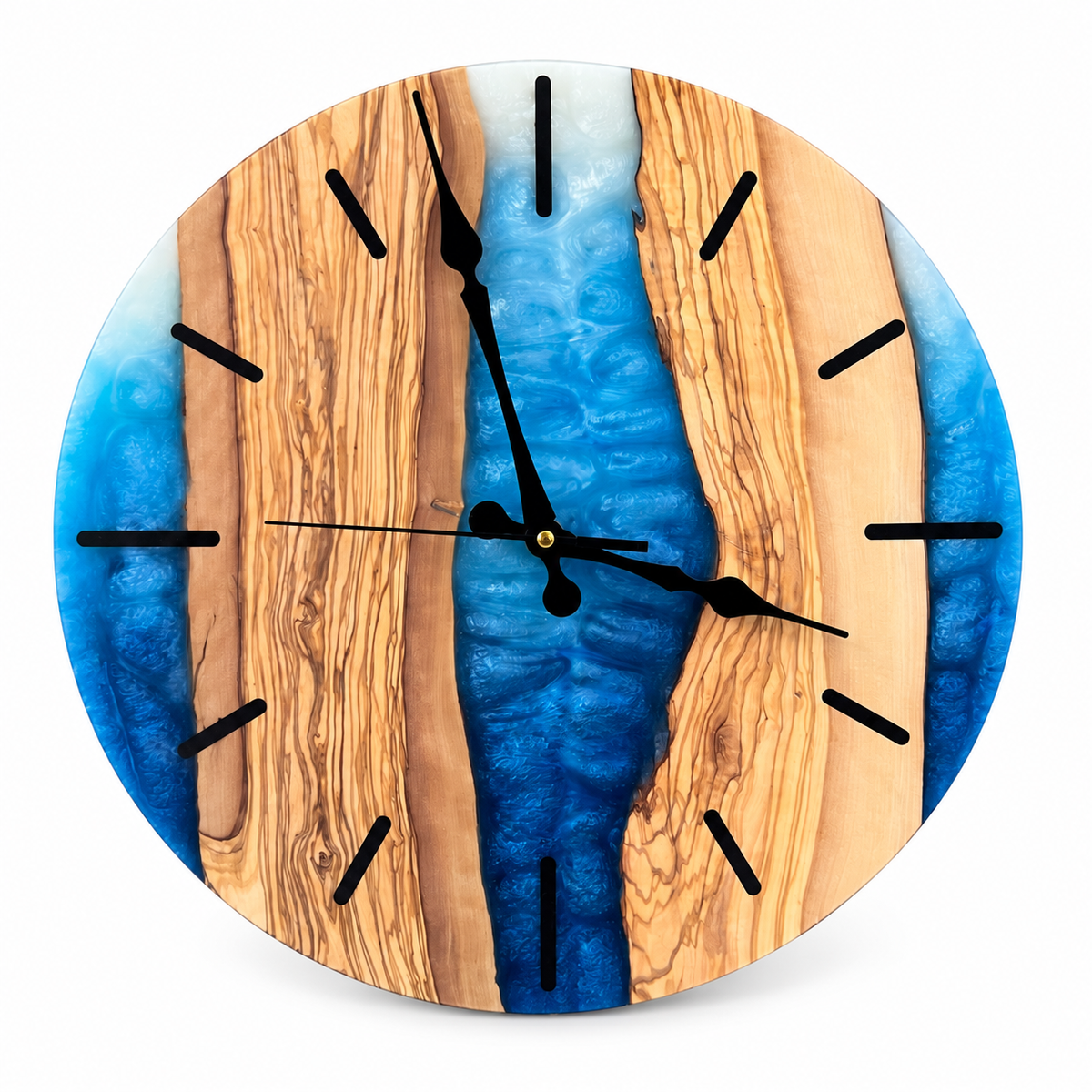 Sapphire River Olive Wood & Resin Wall Clock in blue resin on a white background