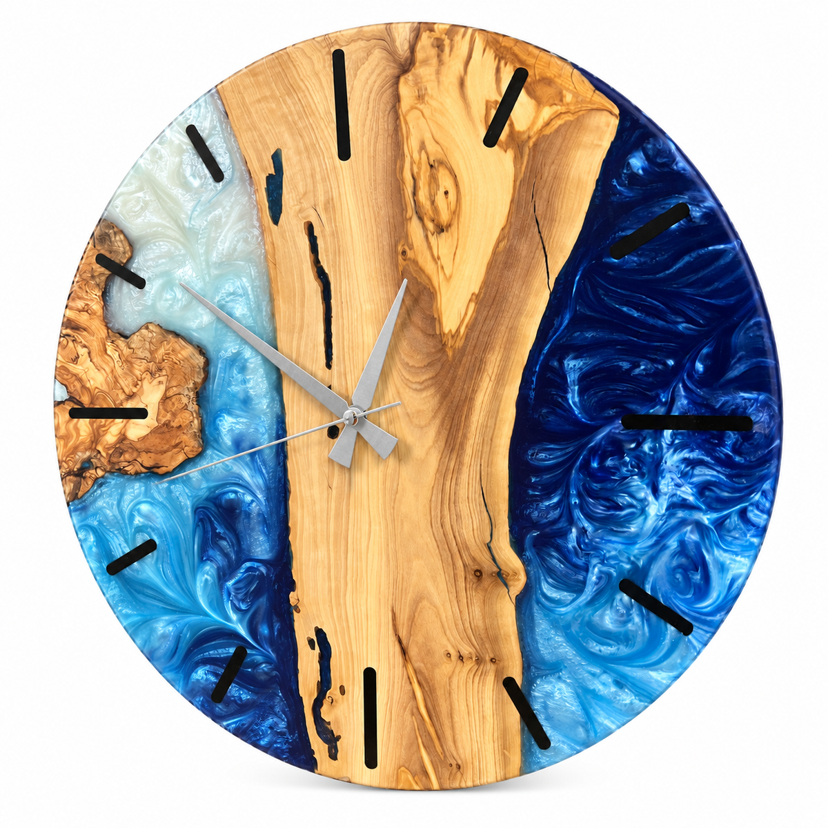 Sapphire Shore Olive Wood & Resin Wall Clock in sapphire blue and white on a white background