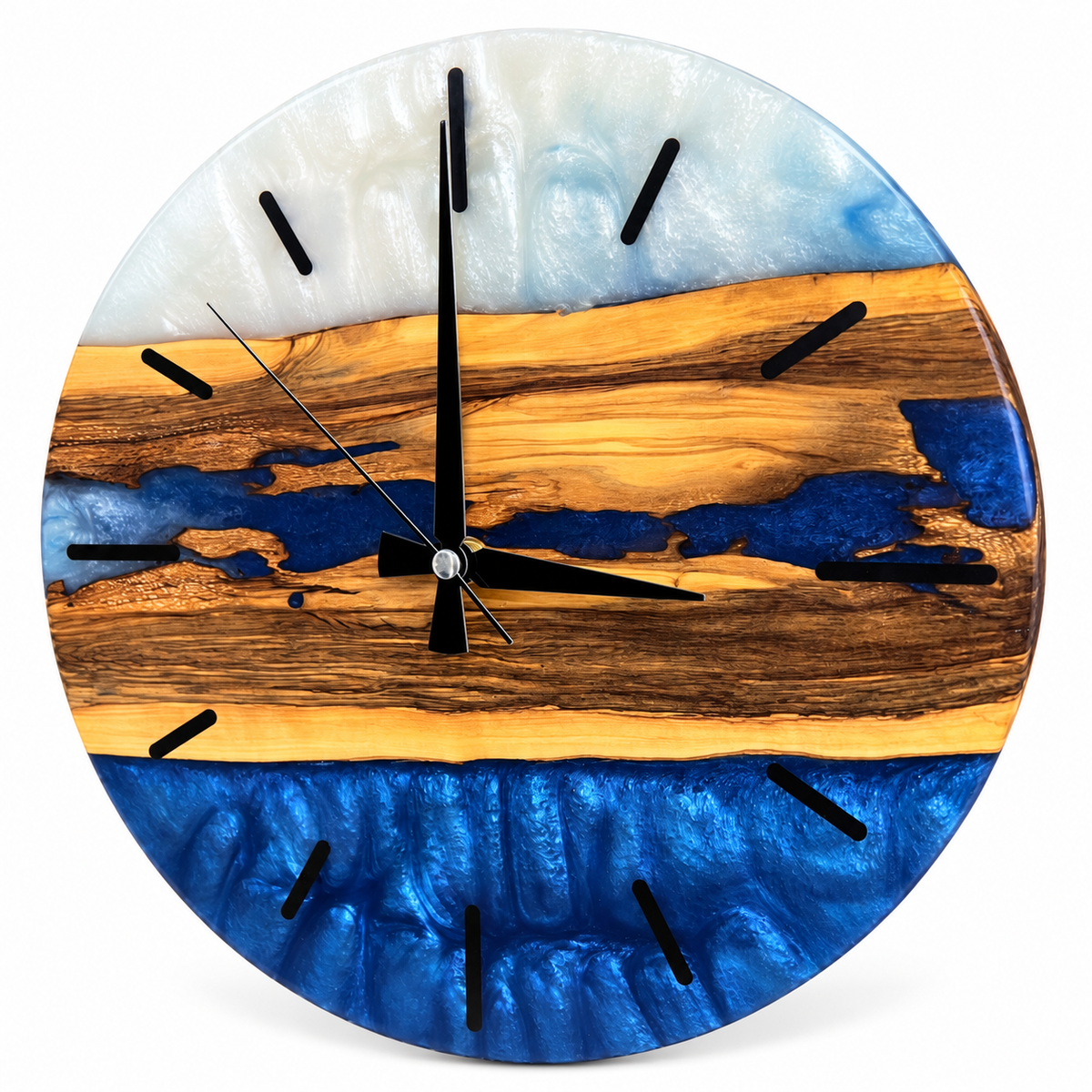Sapphire Vein Olive Wood & Resin Wall Clock in blue and white on a white background