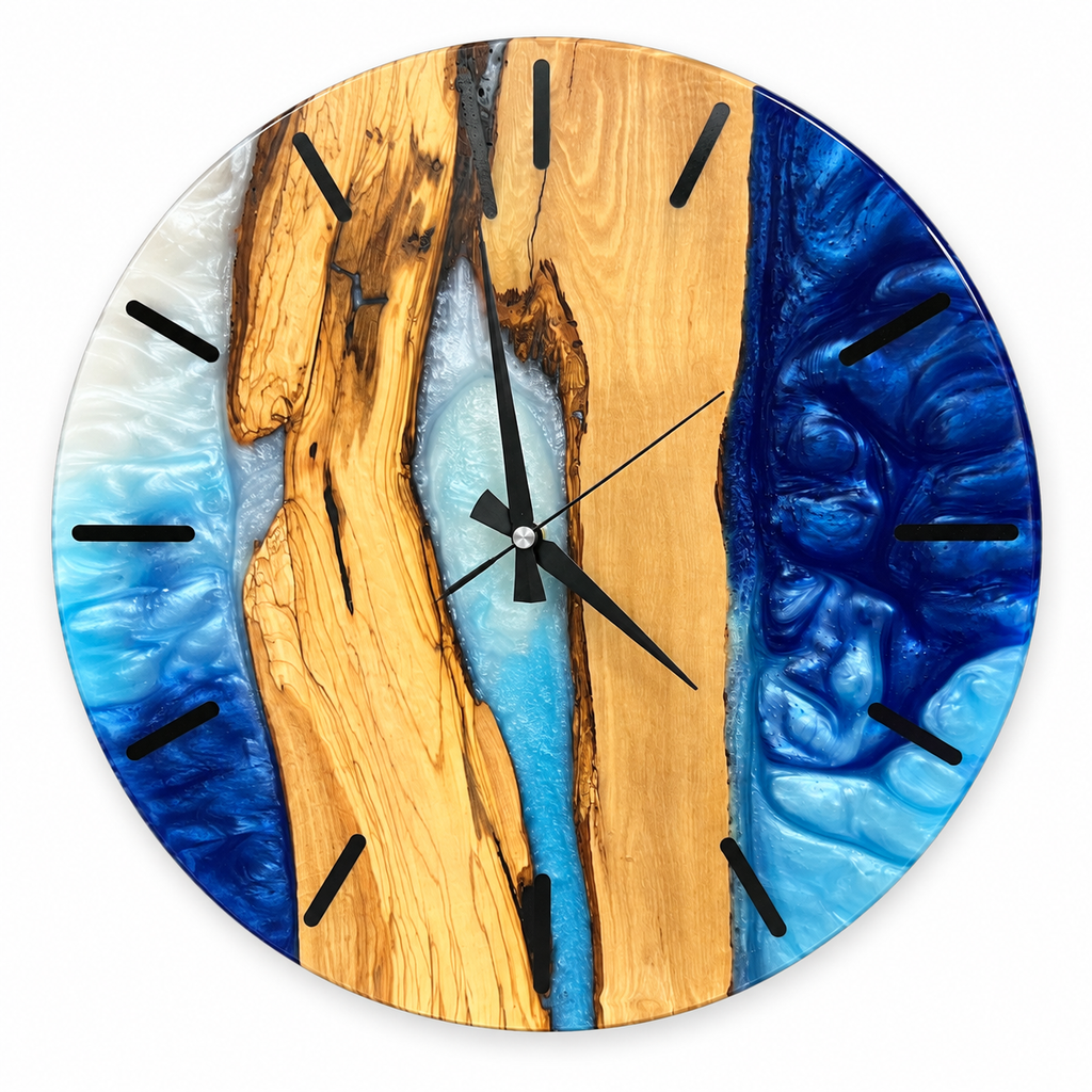 Silver Blue Channel Olive Wood & Resin Wall Clock — full front view on white