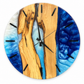 Silver Blue Channel Olive Wood & Resin Wall Clock - full front view on white