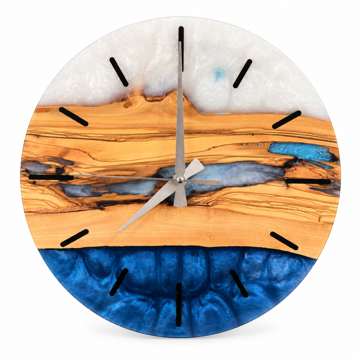 Silver Inlet Olive Wood & Resin Wall Clock in blue and pearly white on a white background