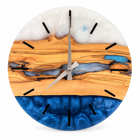 Silver Inlet Olive Wood & Resin Wall Clock in blue and pearly white on a white background