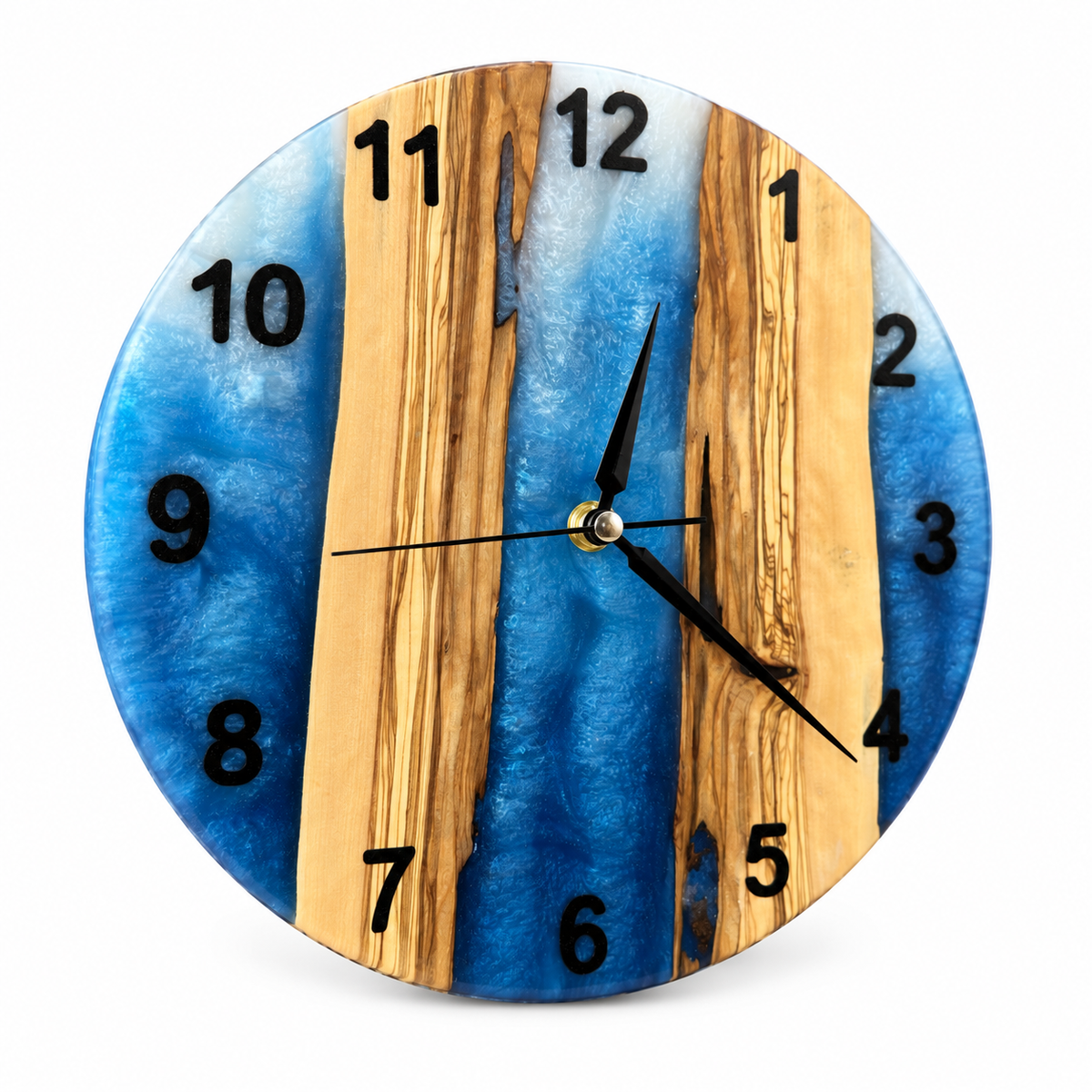 Skyline Channels Olive Wood & Resin Wall Clock in blue and white on a white background