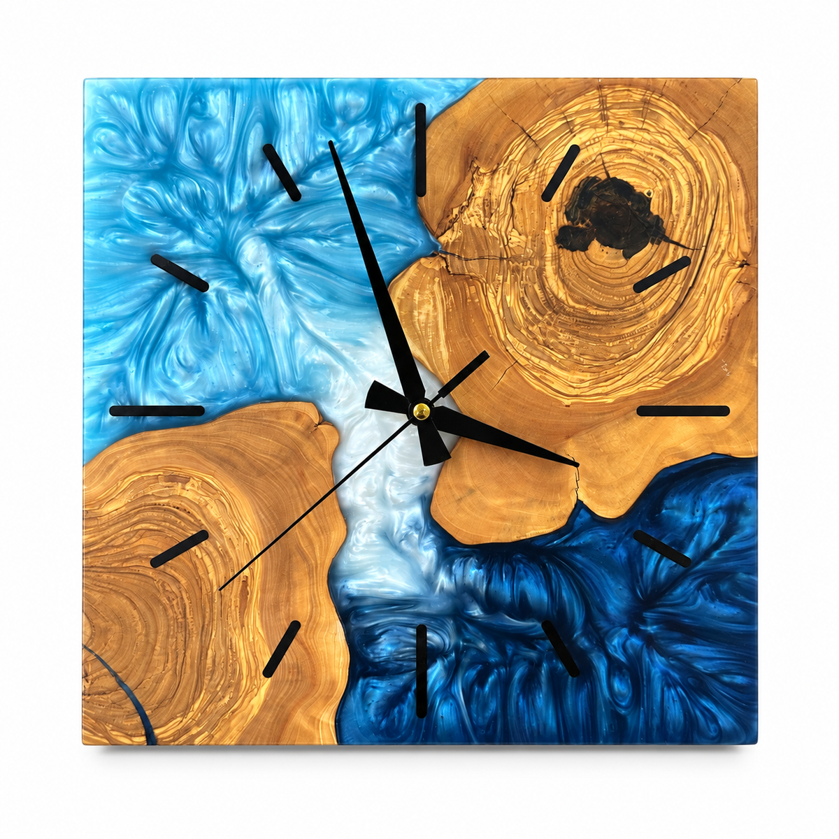 Square Blue Islands Olive Wood & Resin Wall Clock in blue and white on a white background