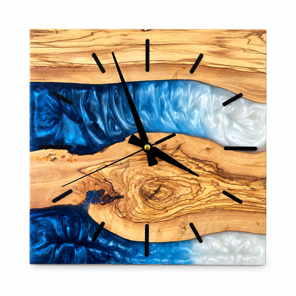 Square Blue River Olive Wood & Resin Wall Clock — full front view on white