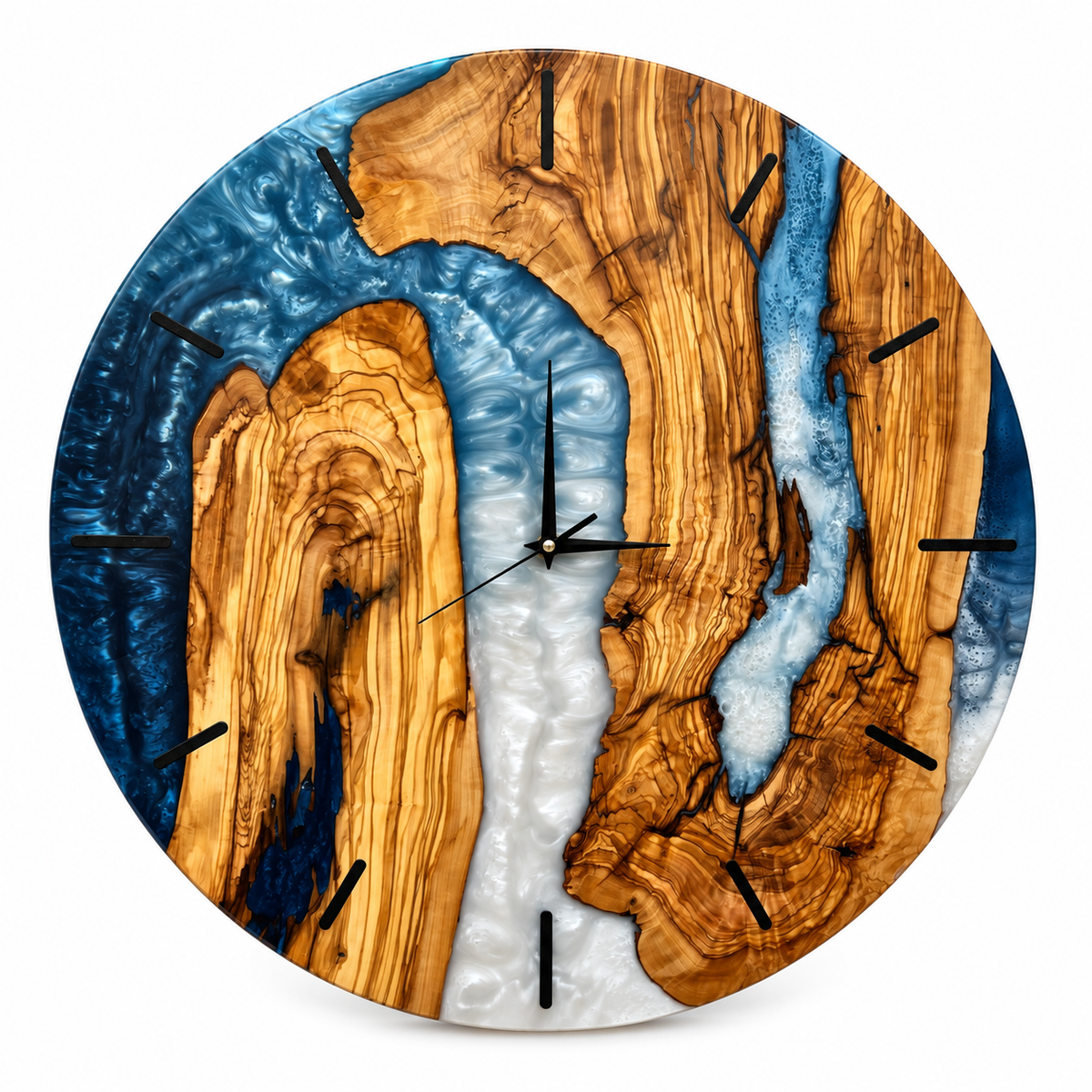 Storm Channel Olive Wood & Resin Wall Clock in slate blue and white on a white background