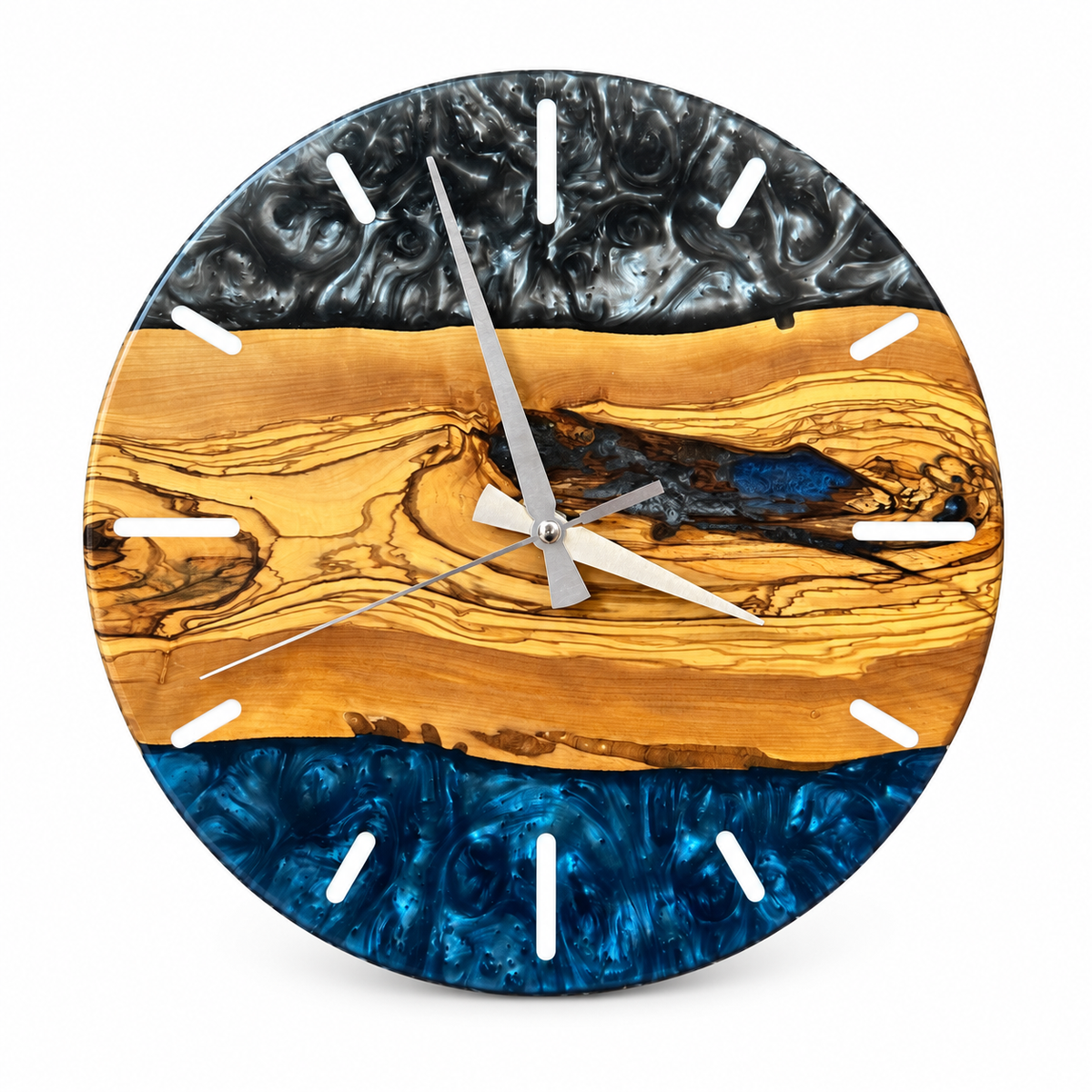 Storm Horizon Olive Wood & Resin Wall Clock in slate grey and blue on a white background