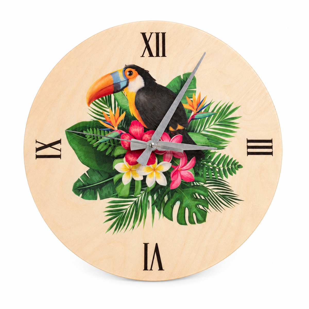 Tropical Toucan Wood Wall Clock in natural wood with colourful artwork on a white background