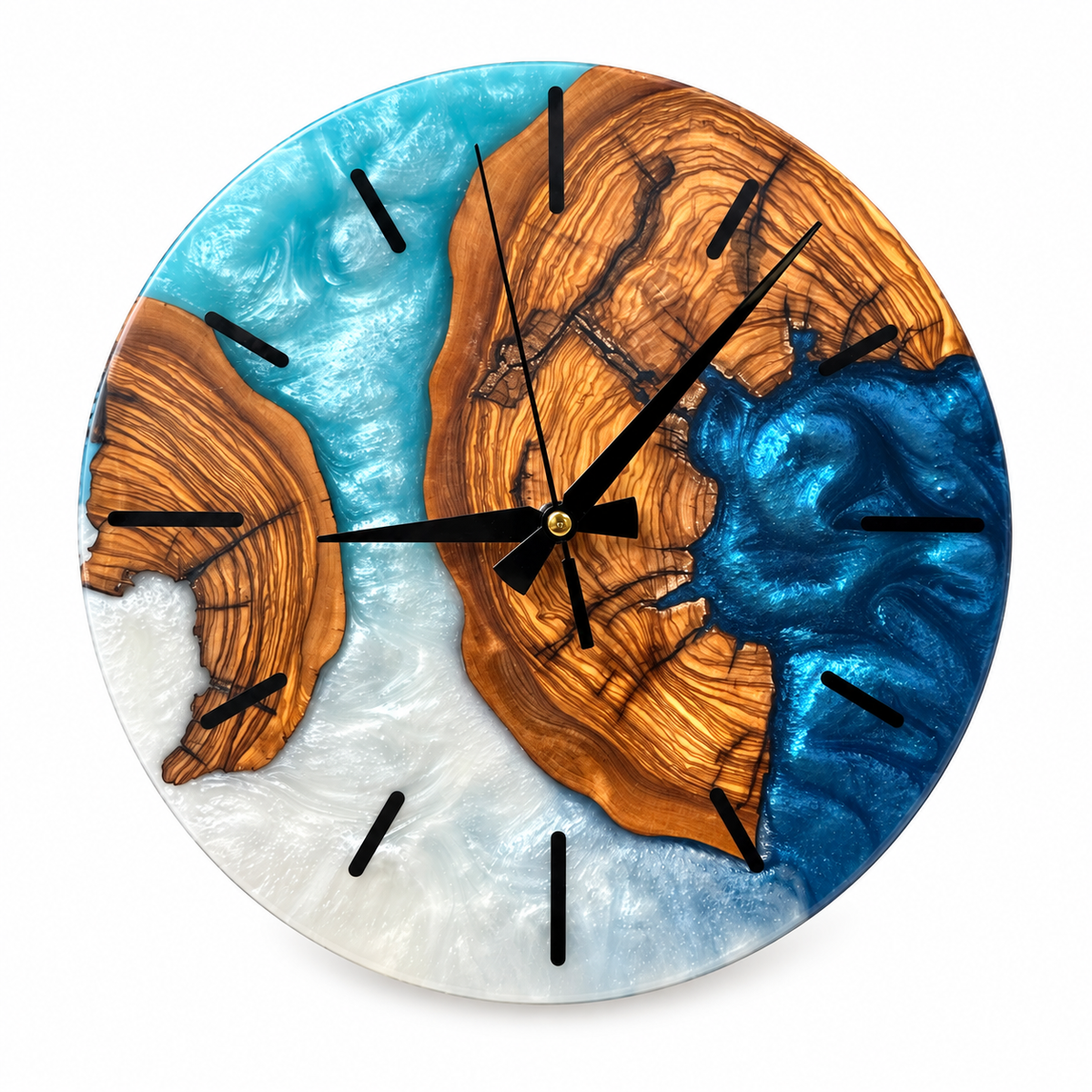 Turquoise Knot Olive Wood & Resin Wall Clock in turquoise, navy and white on a white background
