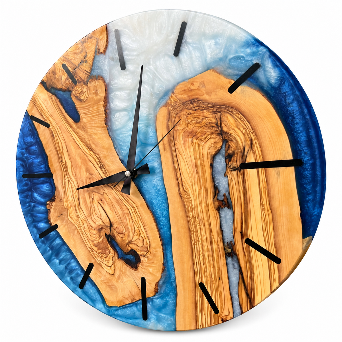 Twin Blue Isles Olive Wood & Resin Wall Clock in blue and white on a white background