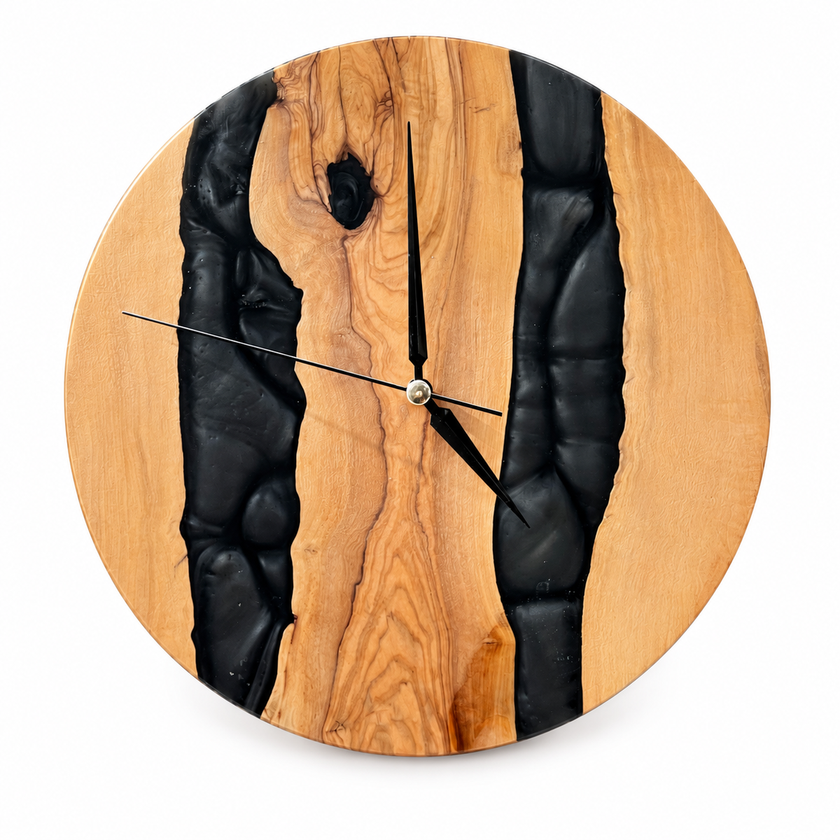 Twin Midnight Rivers Olive Wood & Resin Wall Clock in black resin on a white background