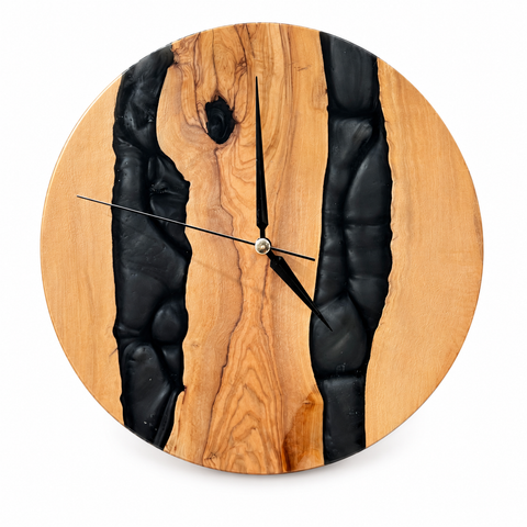 Twin Midnight Rivers Olive Wood & Resin Wall Clock in black resin on a white background