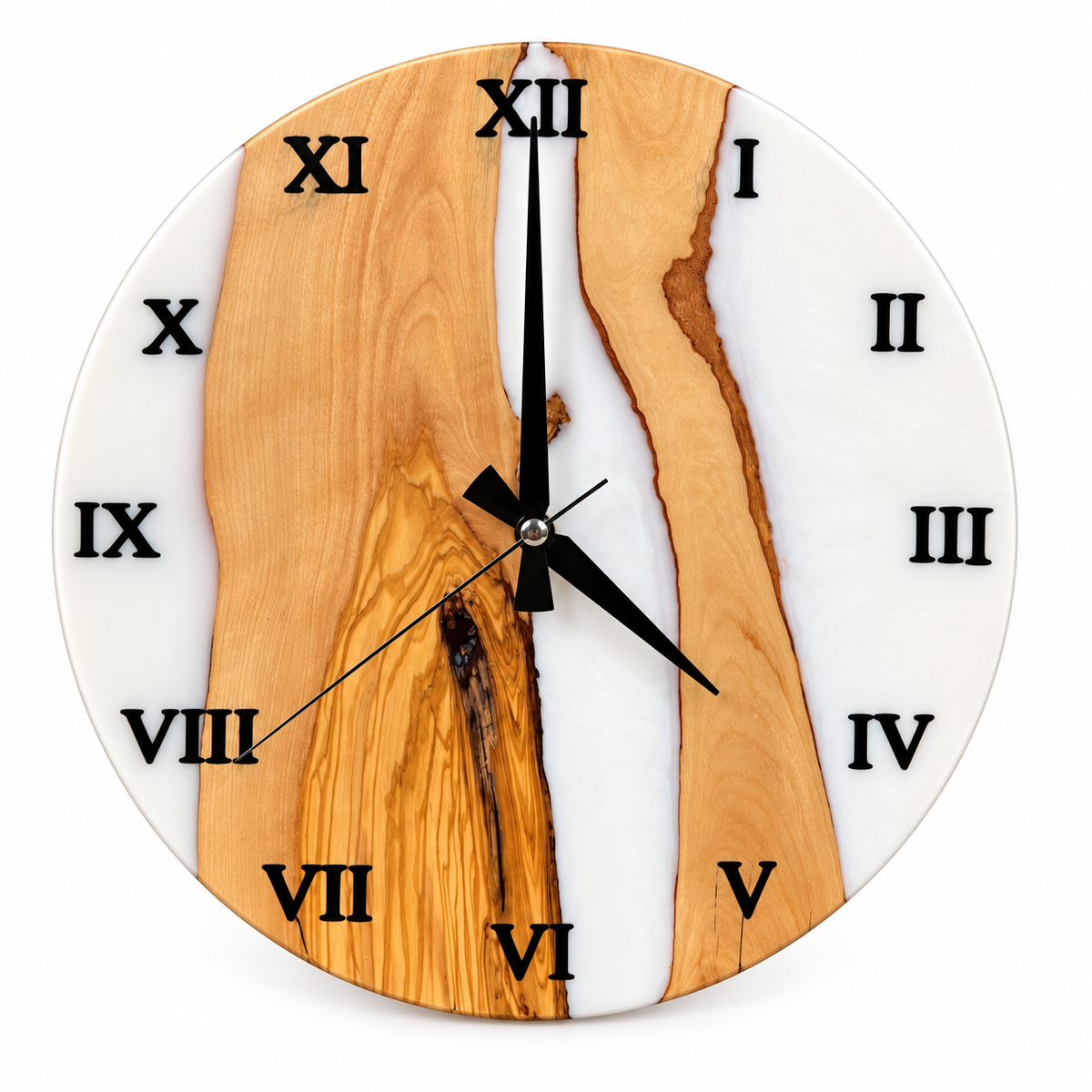 White Shore Olive Wood & Resin Wall Clock in white resin on a white background
