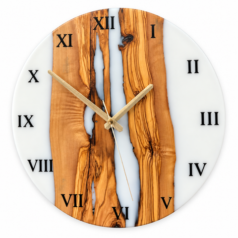 White Tributary Olive Wood & Resin Wall Clock - full front view on white