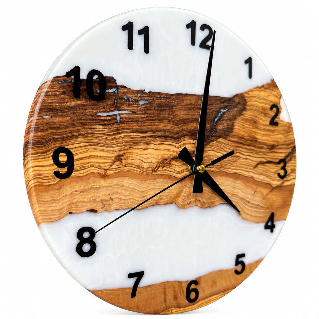 White Woodland Olive Wood & Resin Wall Clock — product photograph, view 2